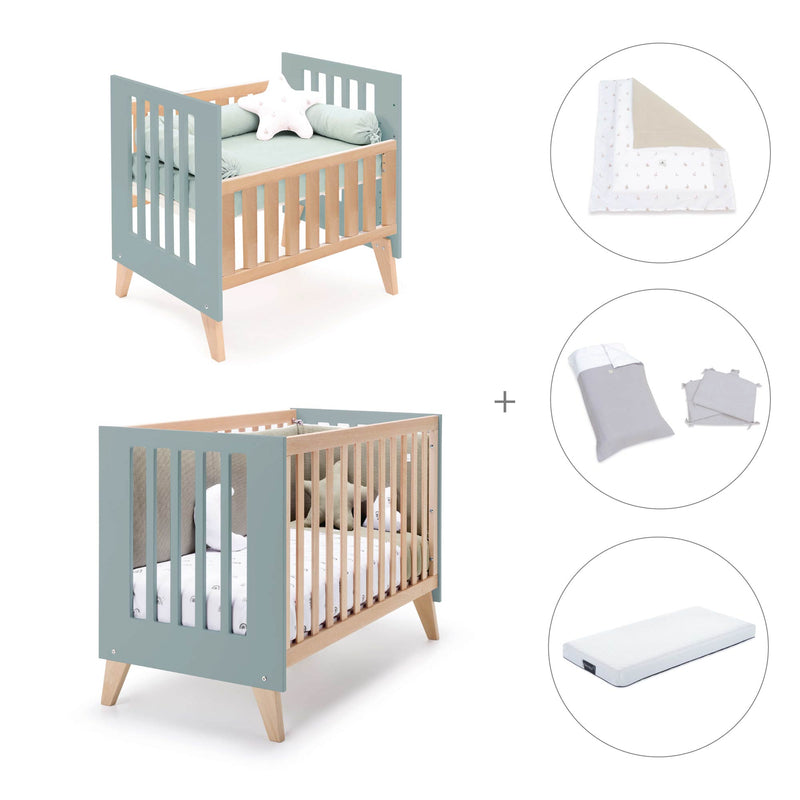 Berceau évolutif en lit bébé (7en1) bois/vert · Nexor Tre Eucalyptus