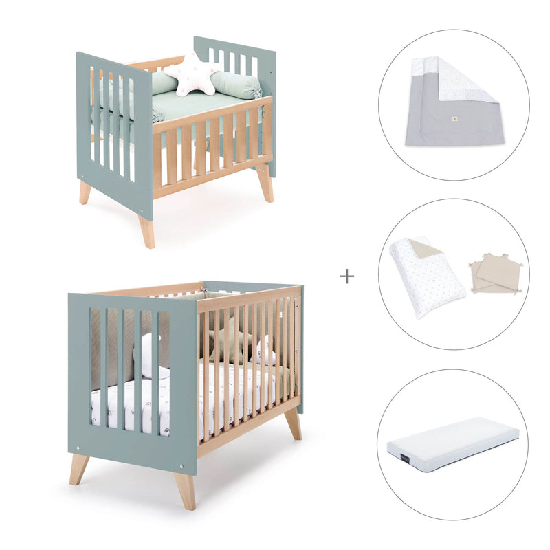 Berceau évolutif en lit bébé (7en1) bois/vert · Nexor Tre Eucalyptus