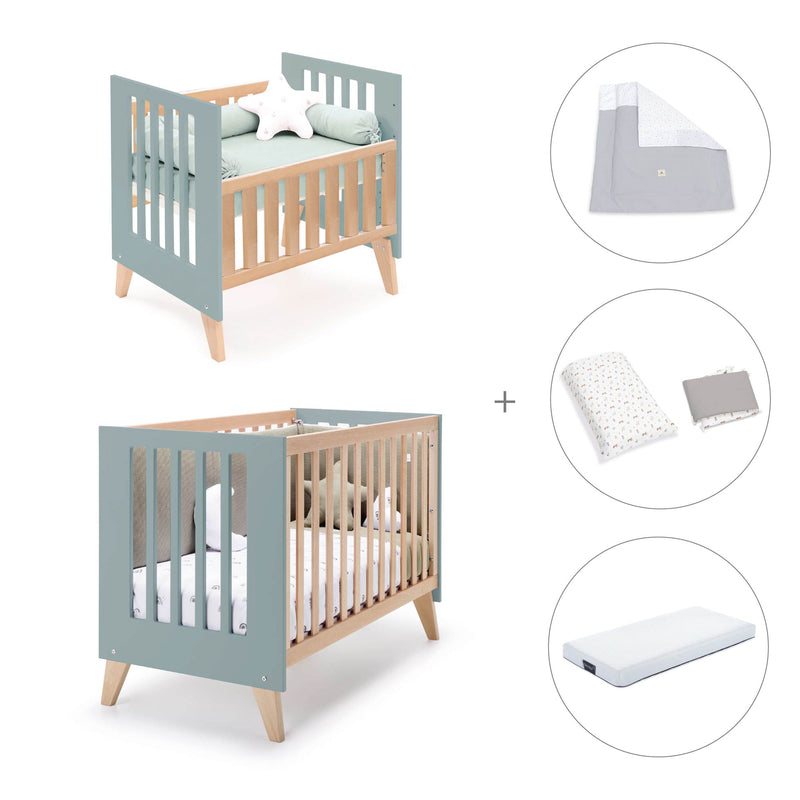 Berceau évolutif en lit bébé (7en1) bois/vert · Nexor Tre Eucalyptus