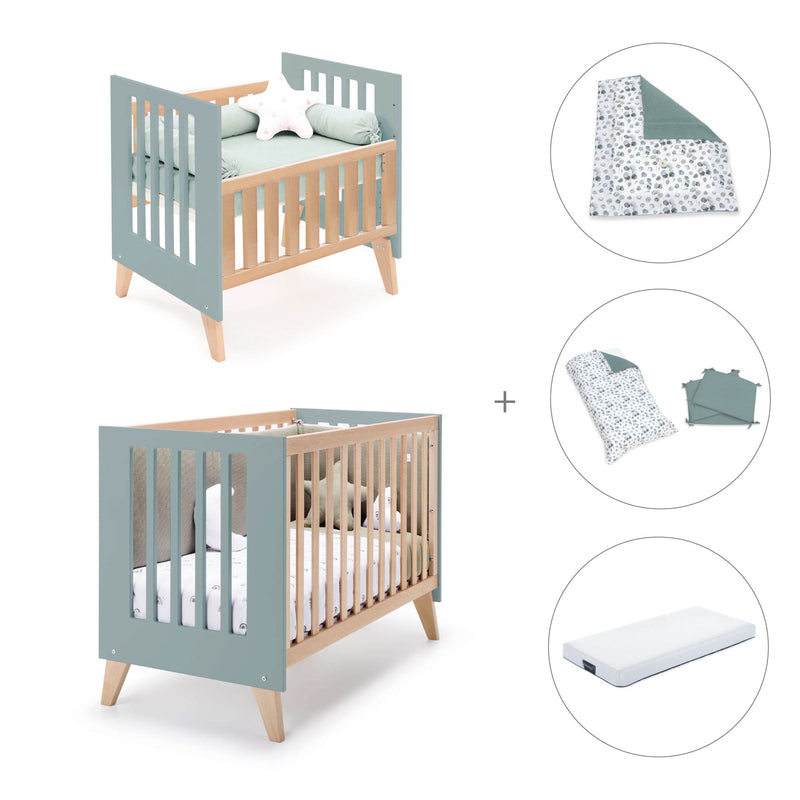 Berceau évolutif en lit bébé (7en1) bois/vert · Nexor Tre Eucalyptus