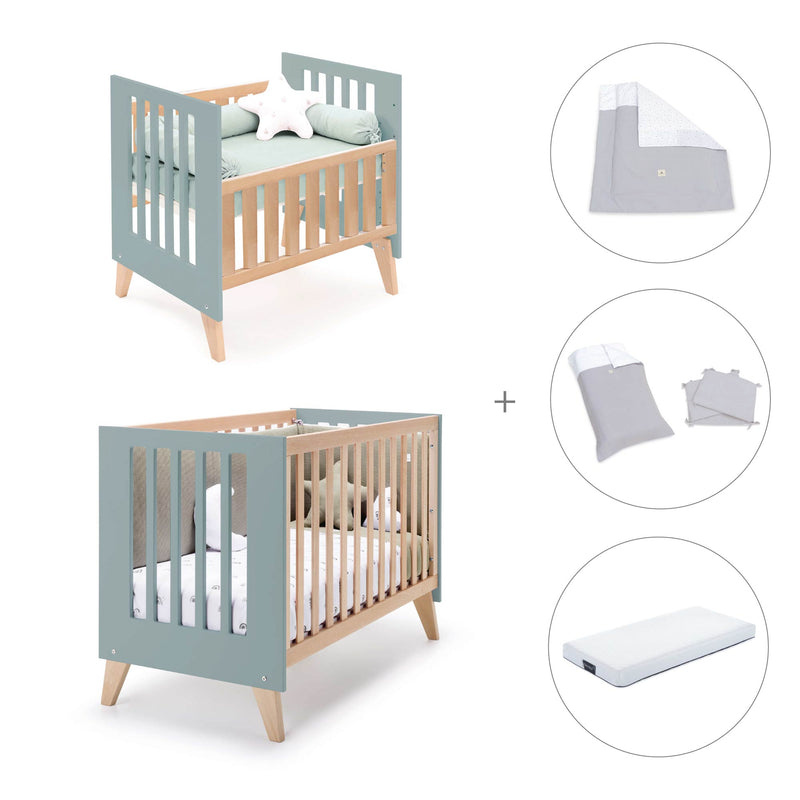 Berceau évolutif en lit bébé (7en1) bois/vert · Nexor Tre Eucalyptus