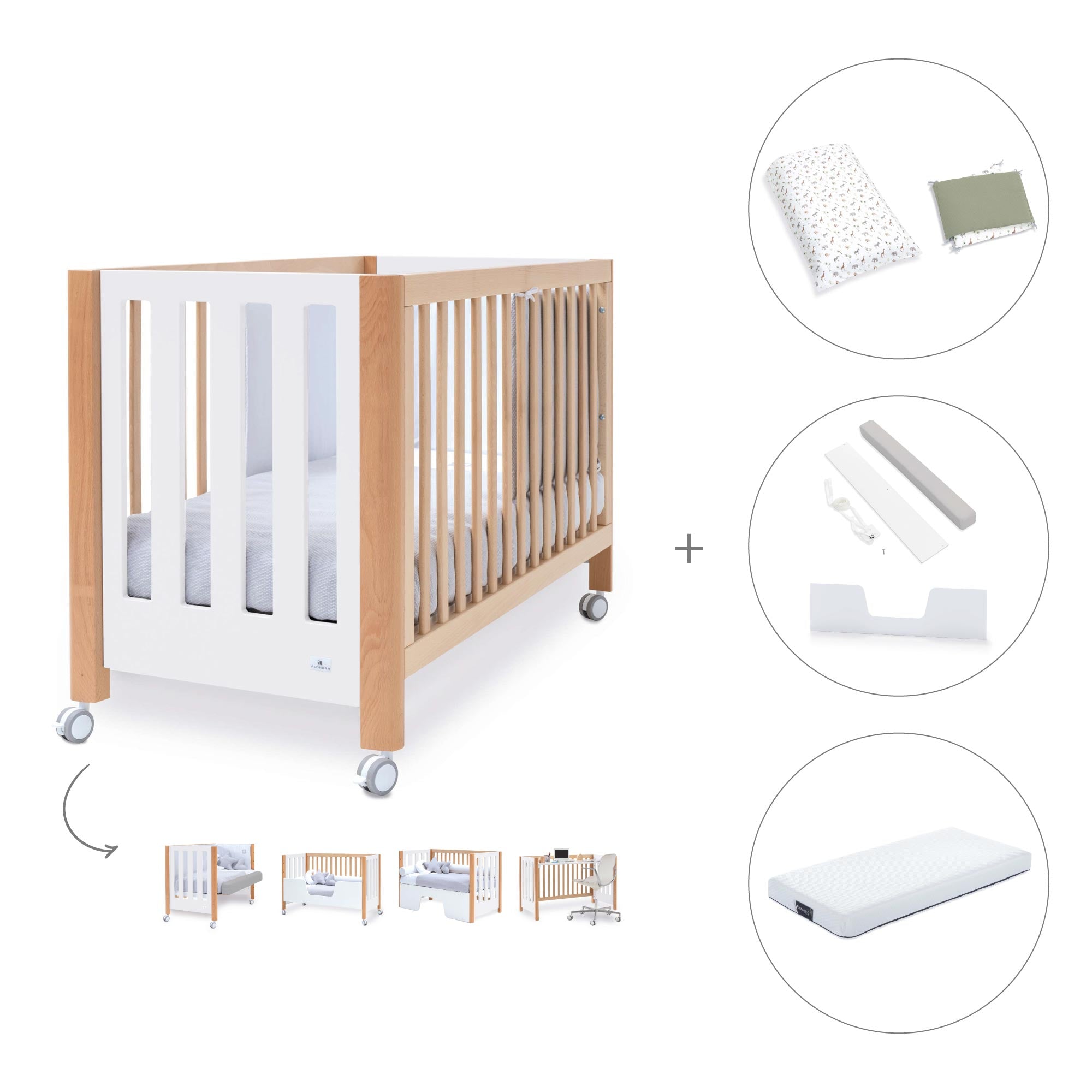 Co-sleeping cot 60x120 cm (5in1) wood/white