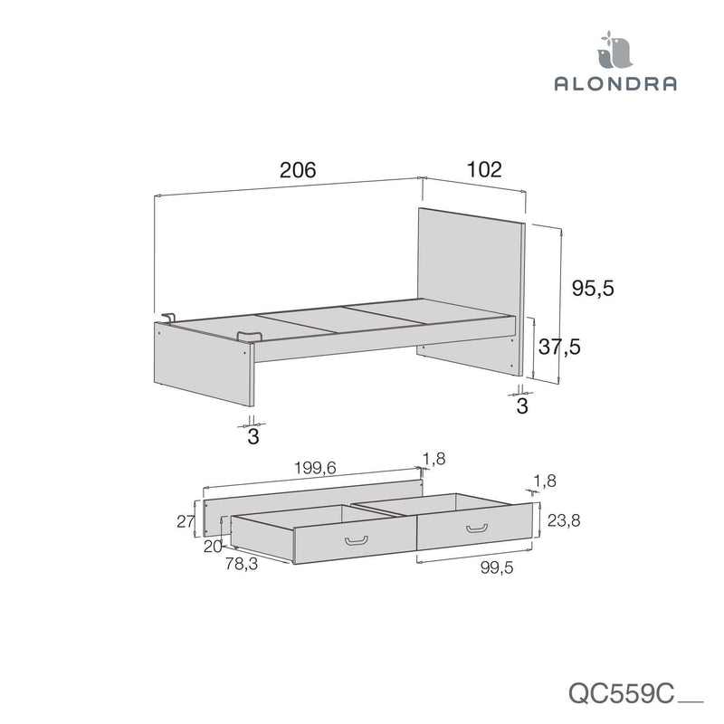 Cama junior 90x200 cm com gavetas o cama extra · Joy QC559