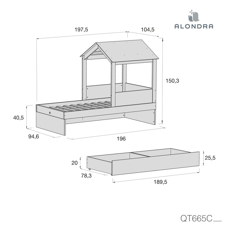 Medidas cama infantil 90x190 cm tipo tren con cajones BIANCA QUATTRO QT665C