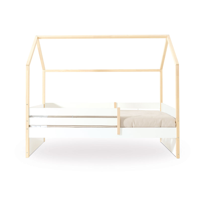 Cama Montessori 90x200 cm. evolutiva con Barrera Infantil en Blanco y Madera · Sogni XL NB2000