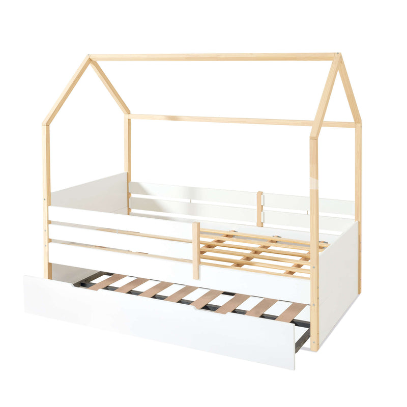 Habitación Montessori en blanco y madera con cama-cabaña y armario