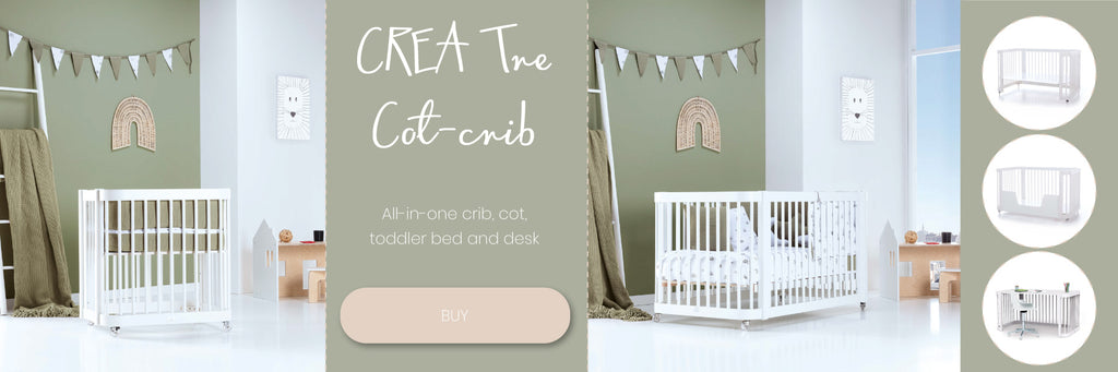 All in one crib, cot, toddler bed and desk for babies