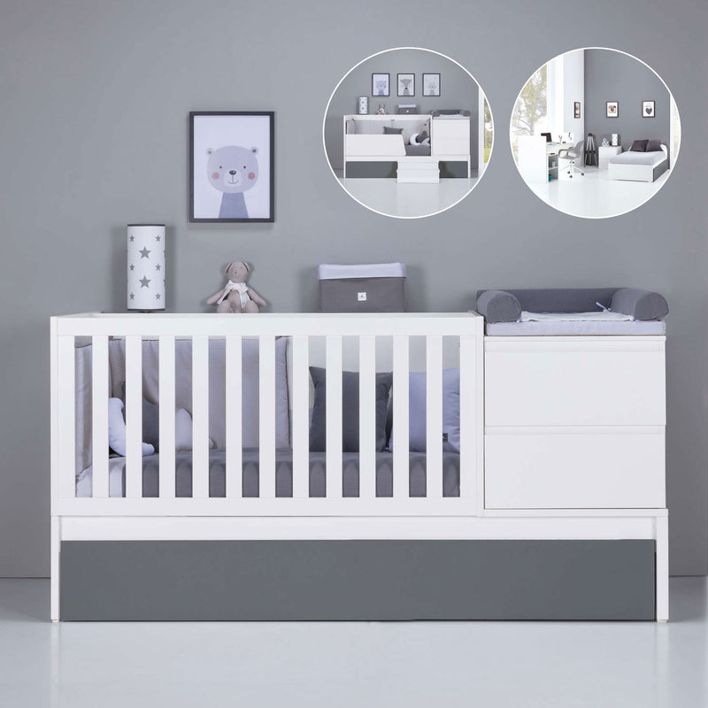 Cot convertible into bed with simple lines in white and marengo