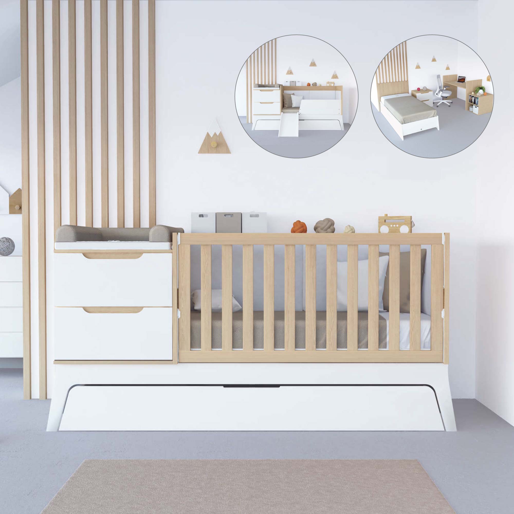 Convertible crib white/wood 70x140 cm with low drawer · Zen K460C-M8411