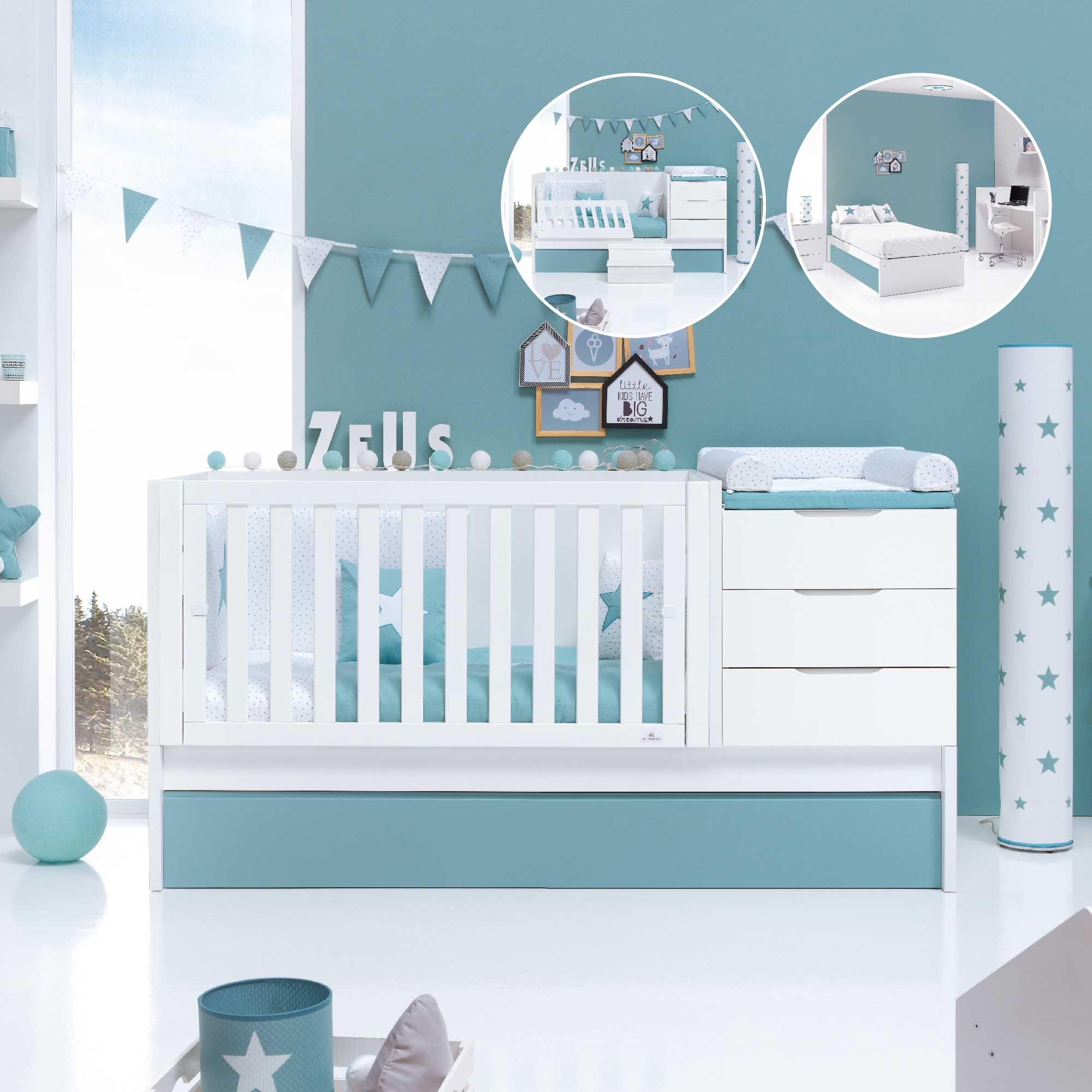 Convertible crib with drawers trundle bed 70x140 cm white aquamarine