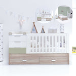 Lit bébé évolutif avec lit ou tiroirs gigogne (70x140 cm) bois/vert-olive · Sero Loft K547-M9456