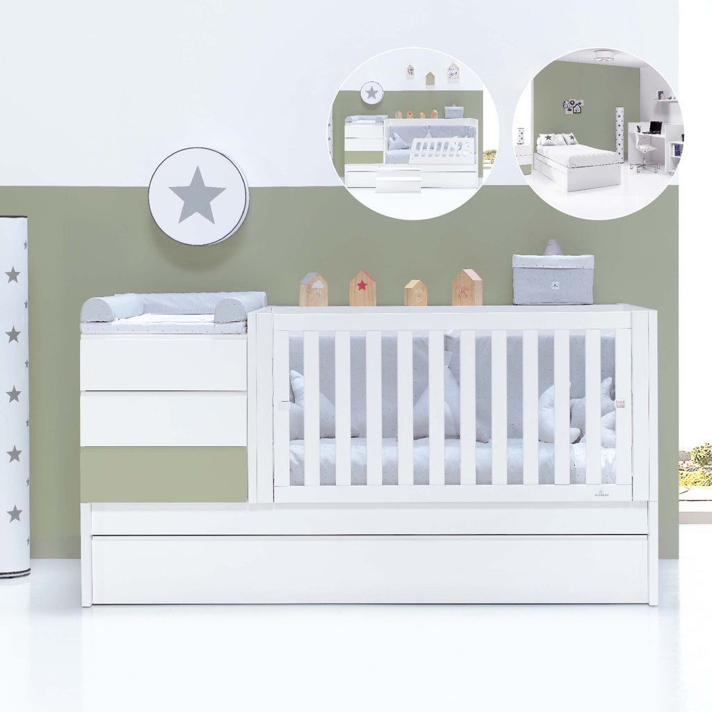 Cot convertible into bed with simple lines in white and olive-green