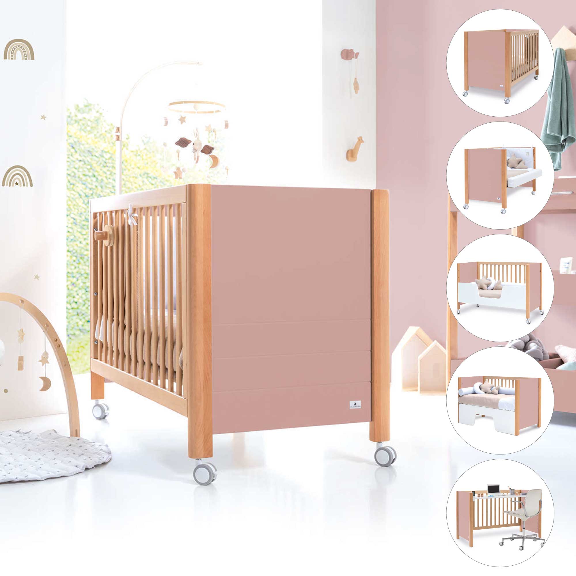 Co-sleeping cot 60x120 cm (5in1) wood/pink · Ombra C167-M9559