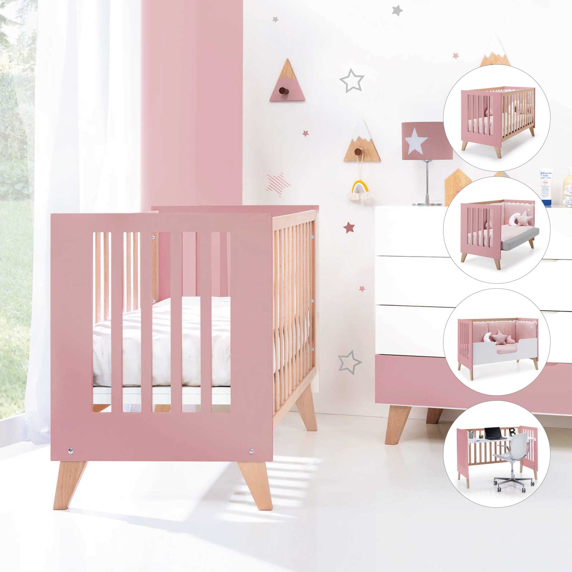 Co-sleeping cot 60x120 cm (4in1) wooden/rose