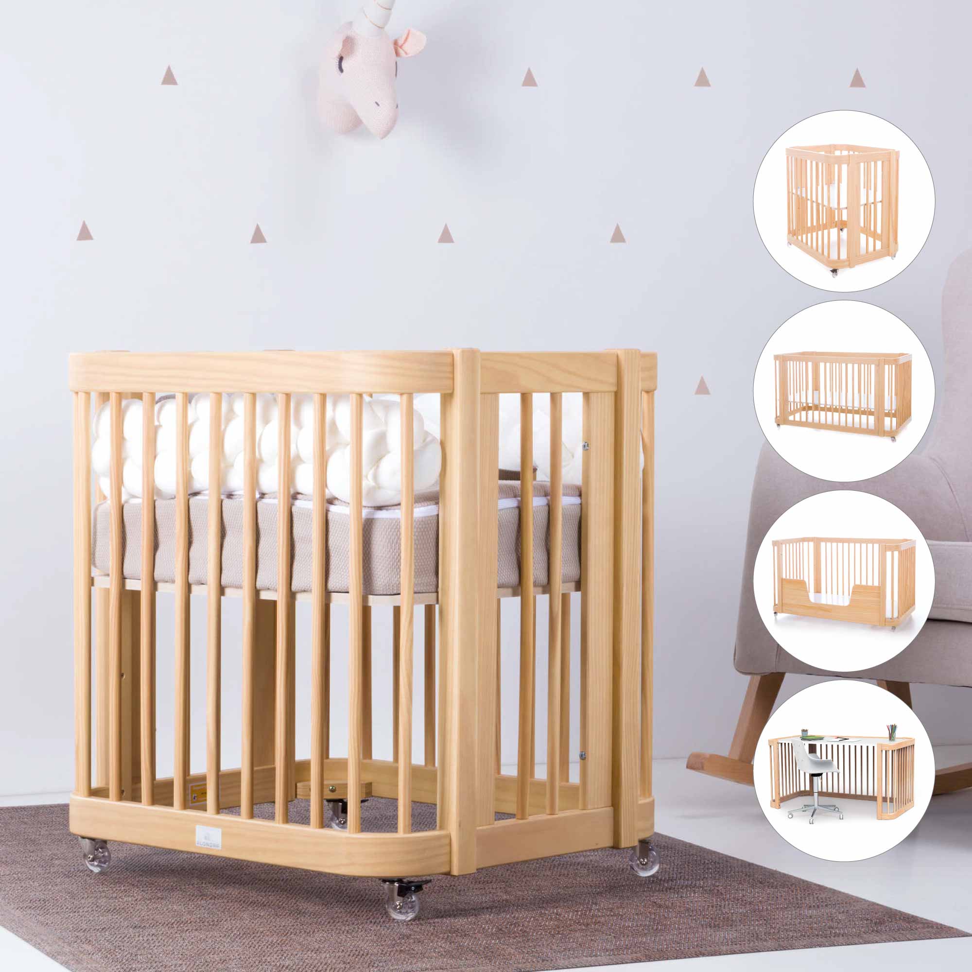 Crib cot bed in wood convertible all in one 3in1 60x80 70x140