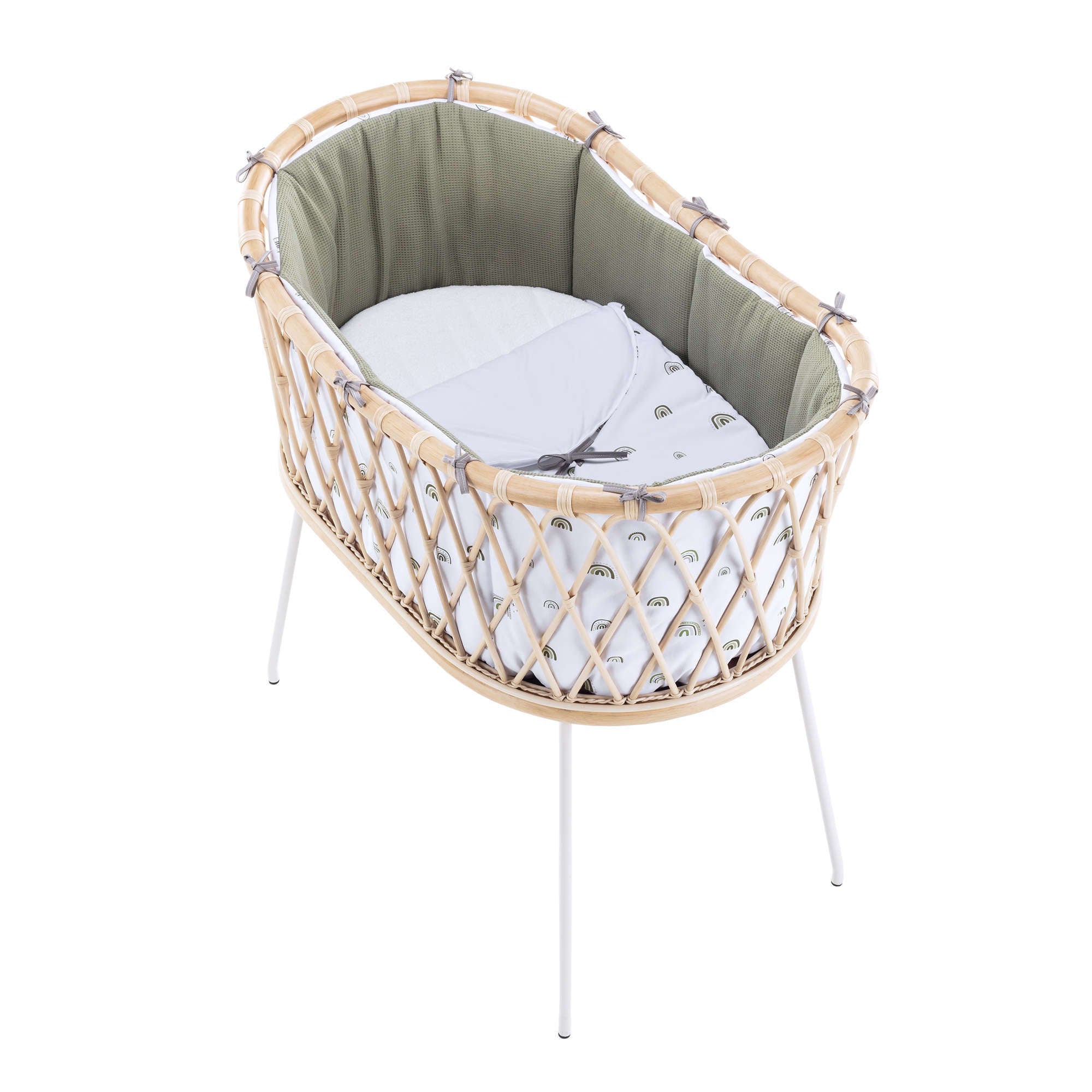 Duvet and bumper set in olive green colour for the rattan Yakarta bassinet ALONDRA