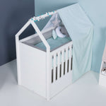 casita montessori para bebes en color blanco y textil azul claro