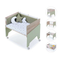 Mini berço co-sleeping 50x80 cm (5in1) madeira + verde-oliva · Equo Life