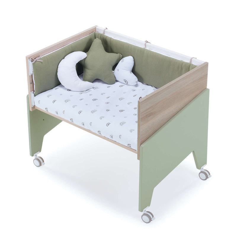 Mini berço co-sleeping 50x80 cm (5in1) madeira + verde-oliva · Equo Life