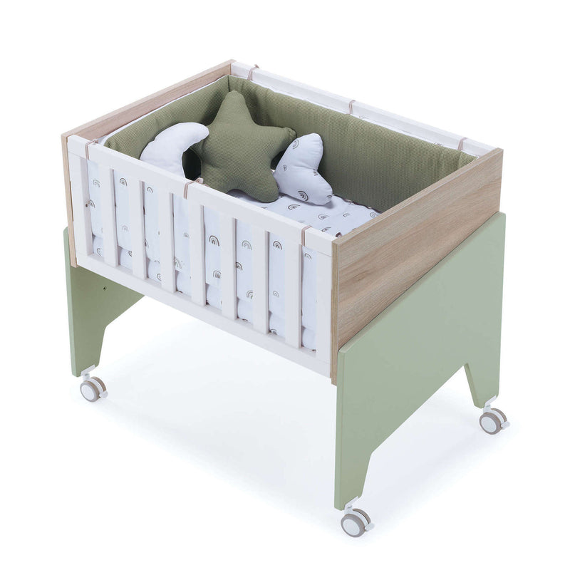 Mini berço co-sleeping 50x80 cm (5in1) madeira + verde-oliva · Equo Life