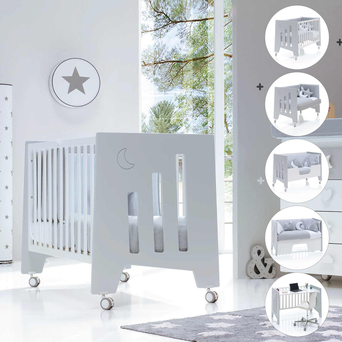 cuna de colecho minimalista con madera gris y blanco
