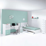 Habitación juvenil con cama de 2 metros y escritorio con cajonera lateral de color menta