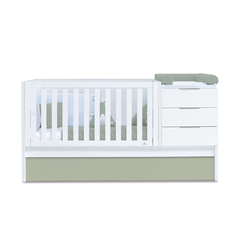 Lit bébé évolutif 70x140 cm avec lit ou tiroirs gigogne blanc/vert-olive · Sero More K546-M7756