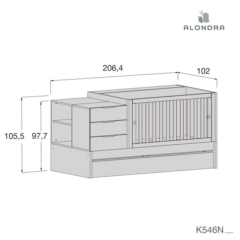 Verwandelbares Babybett mit Schubladen/Ausziehbett 70x140 cm weiss · Sero More K546-M7700