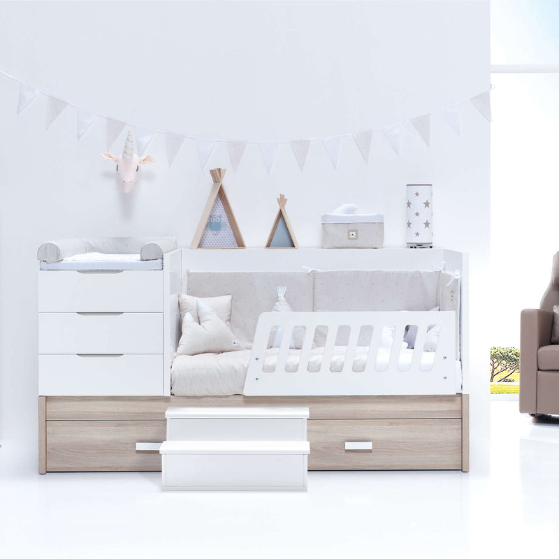 Lit bébé évolutif avec lit/tiroirs gigogne 70x140 cm blanc/bois · Sero Loft K547-M9477