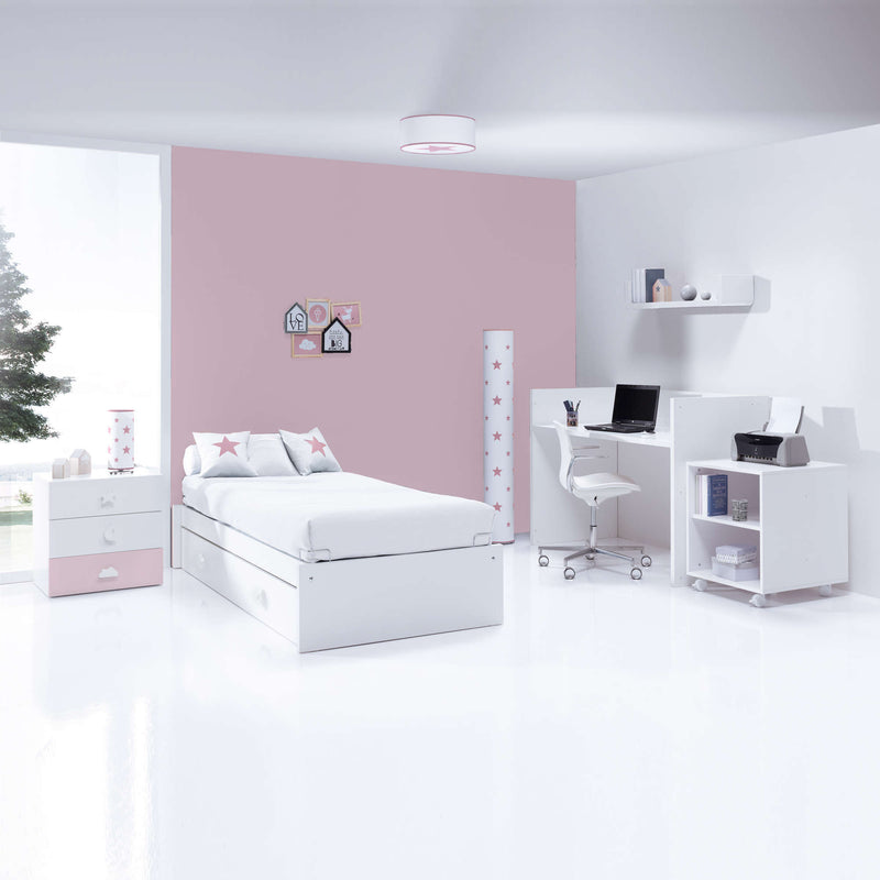 Cuna evolutiva rosa convertible en cama juvenil de 2 metros con escritorio y estantería
