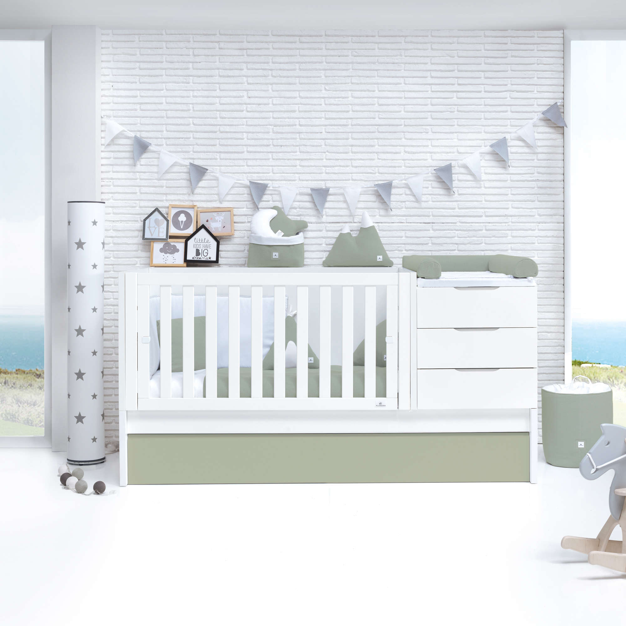 Convertible crib with drawers/trundle bed 70x140 cm white/green-olive · Sero More K546-M7756