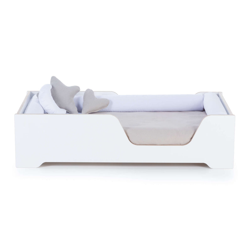 Cama bajita XL de color blanco con protección para niños