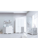 Habitación infantil con temática de color grid y con el Armario infantil grande Bubble (120cm) con cajones en color gris
